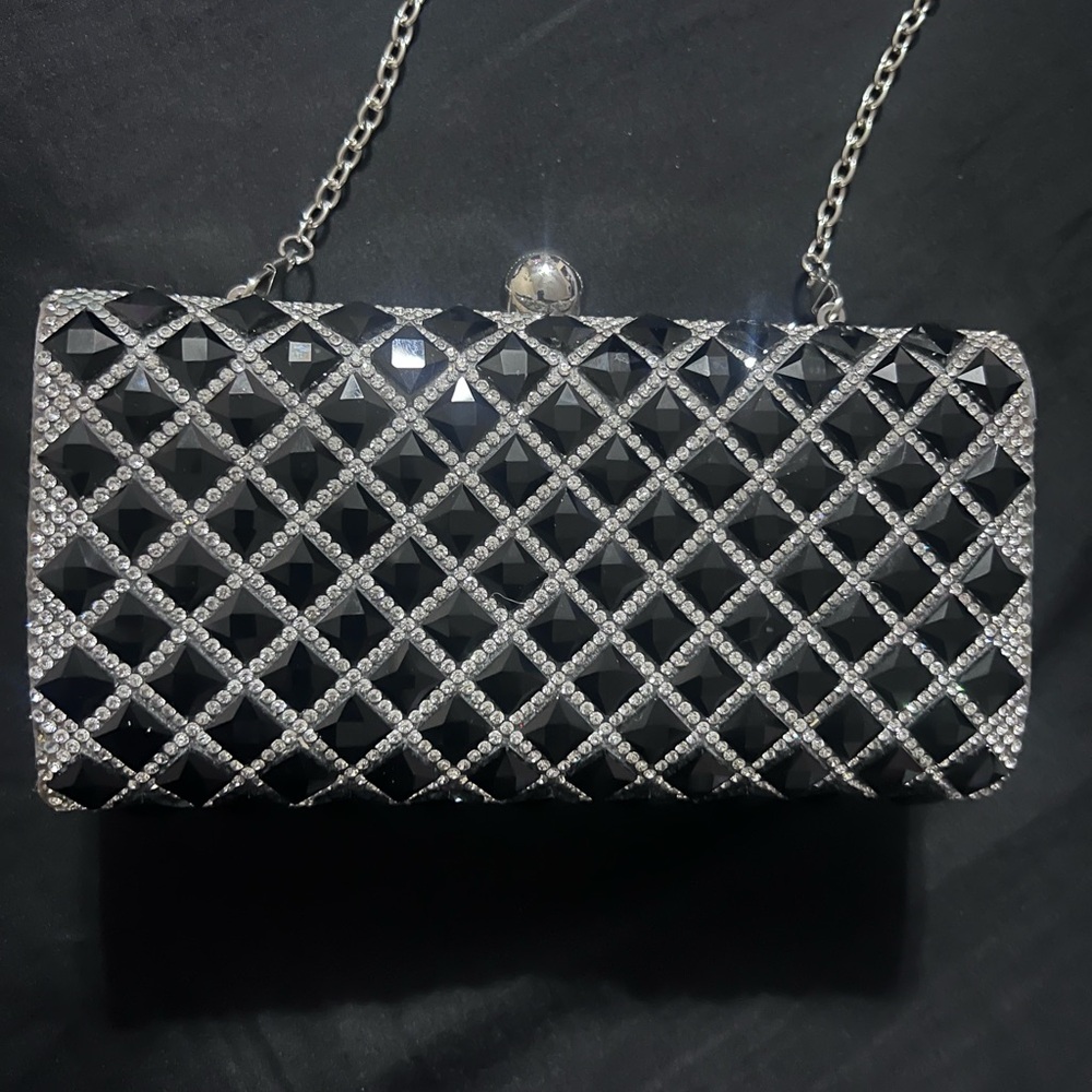 Black Embellished Evening Clutch with Silver Chain